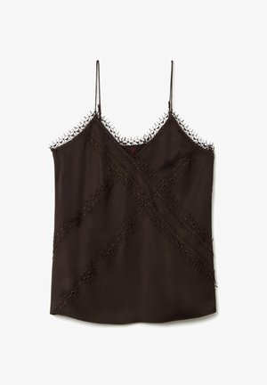 Donkerbruin satijnen topje met dunne verstelbare bandjes en geometrische kantafwerking langs de halslijn en het lichaam, die een X-patroon vormt.
