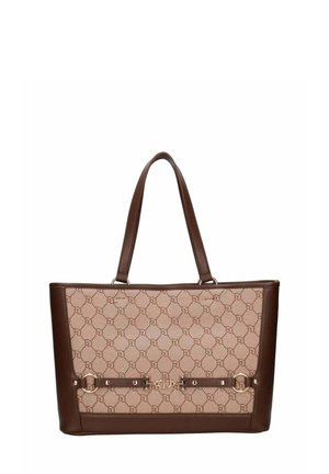 Borsa tote in pelle marrone con un pannello in tessuto color cuoio decorato con motivo a cerchio, dotata di doppi manici e rifiniture decorative in metallo dorato.