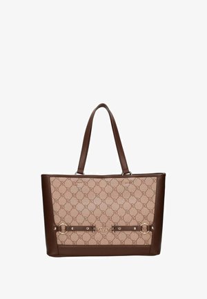 Borsa tote in pelle marrone con un pannello in tessuto color cuoio decorato con motivo a cerchio, dotata di doppi manici e rifiniture decorative in metallo dorato.