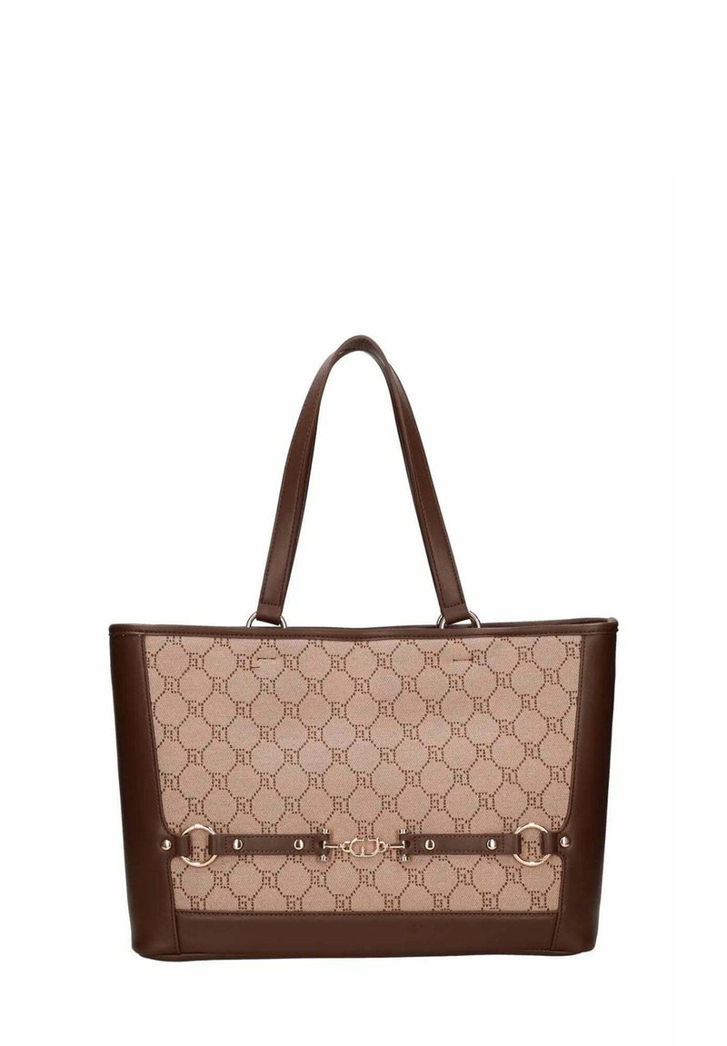 Borsa tote in pelle marrone con un pannello in tessuto color cuoio decorato con motivo a cerchio, dotata di doppi manici e rifiniture decorative in metallo dorato.