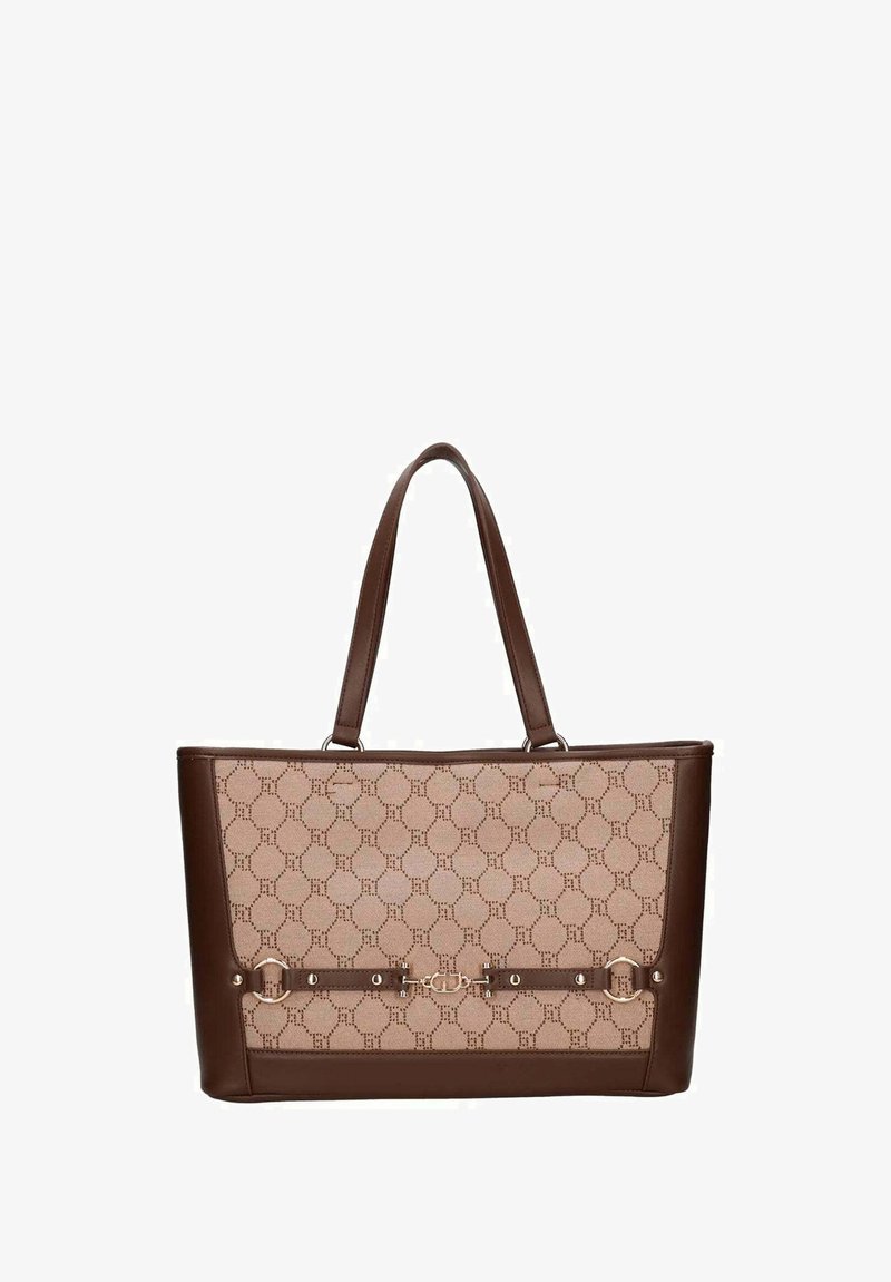 Borsa tote in pelle marrone con un pannello in tessuto color cuoio decorato con motivo a cerchio, dotata di doppi manici e rifiniture decorative in metallo dorato.