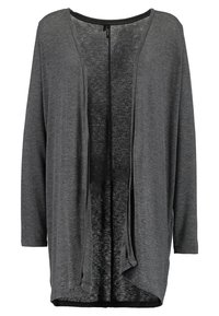 Cárdigan ligero de frente abierto en gris oscuro. Presenta mangas largas, un ajuste holgado y un escote acanalado con una textura suave.