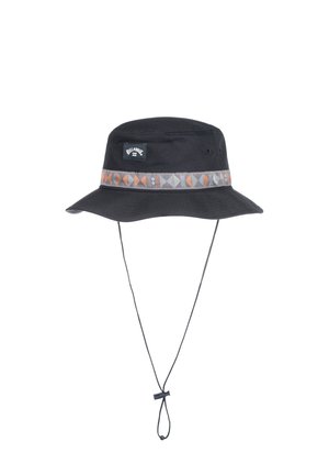 Black bucket hat featuring a decorative patterned band and a chin strap for secure wear. Ideal for outdoor activities.
