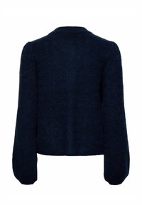 Maglione blu navy a maglia con maniche lunghe, tessuto lavorato a rilievo e scollo rotondo; design corto con vestibilità leggermente ampia.