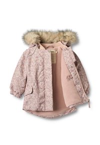 Ružový kabát s kvetinovým vzorom, kapucňou lemovanou kožušinou, elastickými manžetami a mäkkou ružovou fleece podšívkou; má predné zapínanie na cvoky a vrecká.