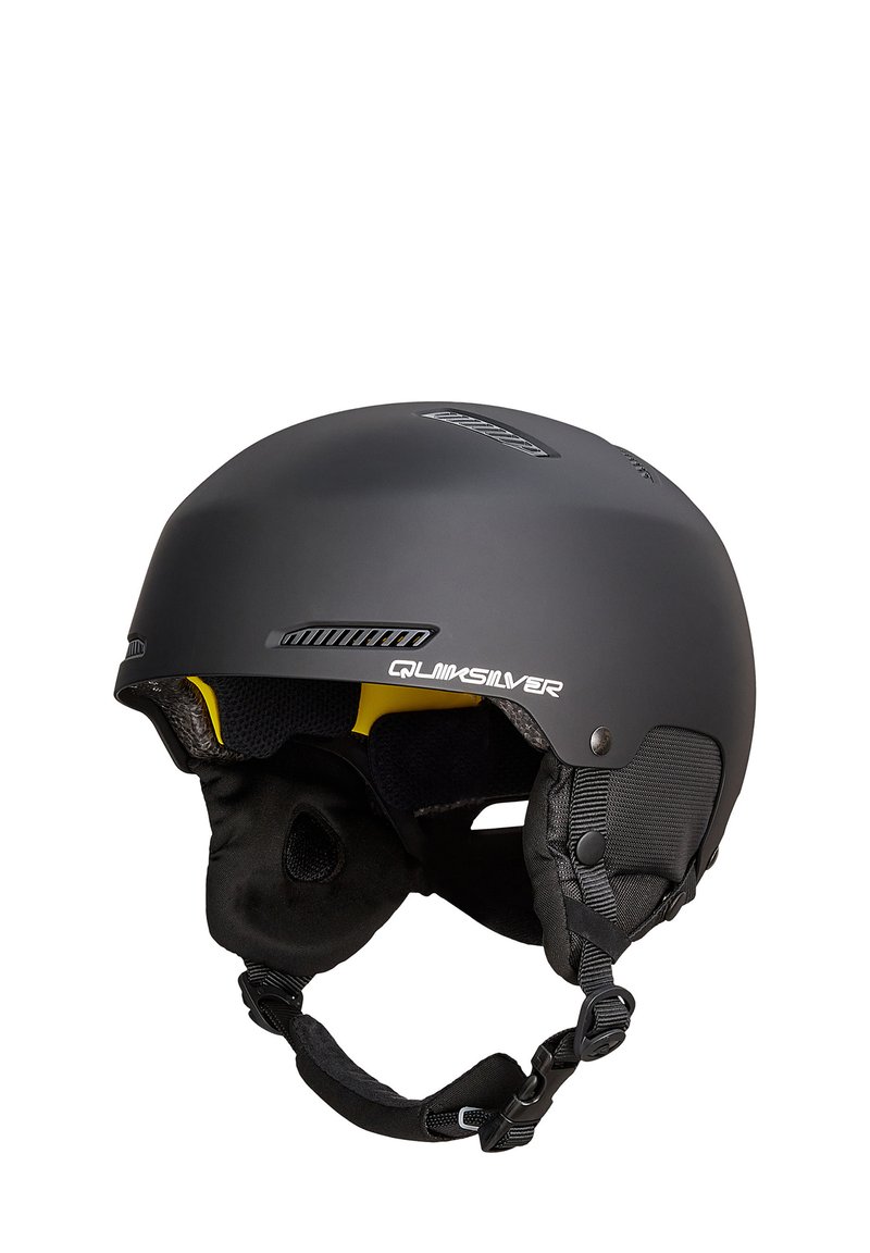 Zwarte snowboardhelm met matte afwerking, gele binnenvoering en zijpanelen van gaas. Voorzien van een verstelbare kinband en ventilatieopeningen.
