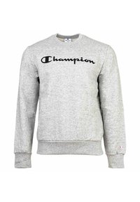 Grauer Sweatshirt aus einem Baumwollmischgewebe mit einem schwarzen "Champion"-Logo auf der Vorderseite, rundem Halsausschnitt und gerippten Bündchen und Saum.