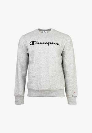 Sudadera gris hecha de una mezcla de algodón, con un logo negro de "Champion" en el frente, cuello redondo y puños y dobladillo acanalados.