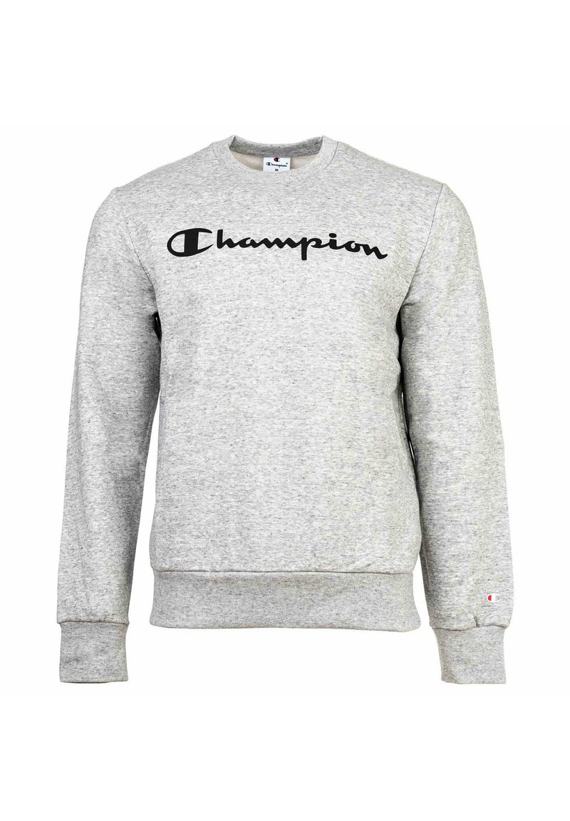 Grauer Sweatshirt aus einem Baumwollmischgewebe mit einem schwarzen "Champion"-Logo auf der Vorderseite, rundem Halsausschnitt und gerippten Bündchen und Saum.