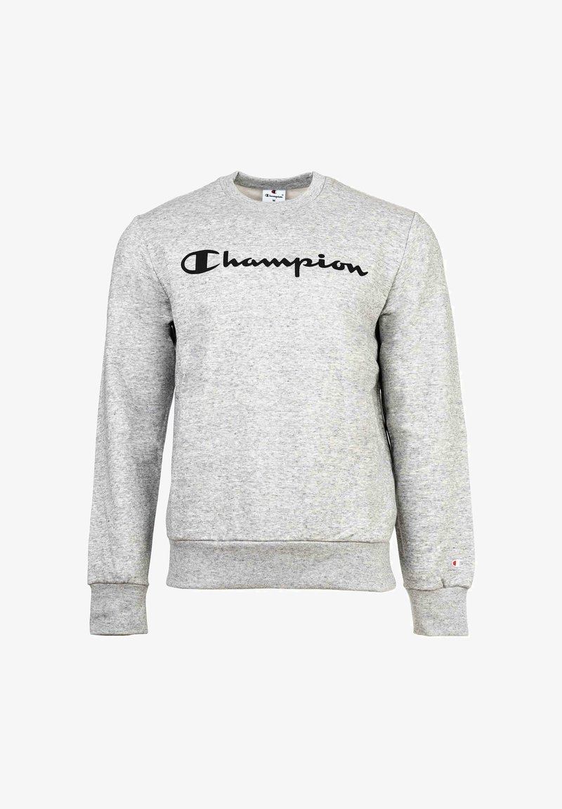 Grauer Sweatshirt aus einem Baumwollmischgewebe mit einem schwarzen "Champion"-Logo auf der Vorderseite, rundem Halsausschnitt und gerippten Bündchen und Saum.