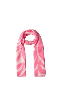 Écharpe rose et blanche avec motif abstrait de feuilles, tissu léger, présentée en boucle avec bords frangés.