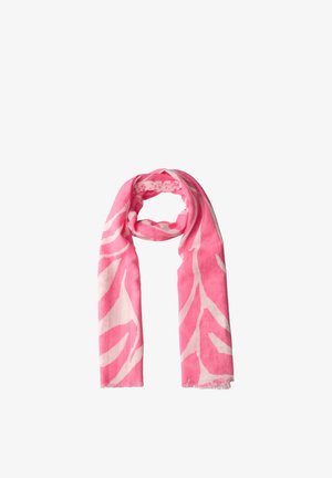 Rosa-weißes Schal mit abstraktem Blattmuster, leichter Stoff, als Schlaufe mit fransigen Rändern präsentiert.