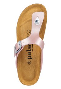 Rosa lädersandal med en silverfärgad spänne, korksula och en glansig detalj på remmen. Innersulan har svart logotyp. Platt design.