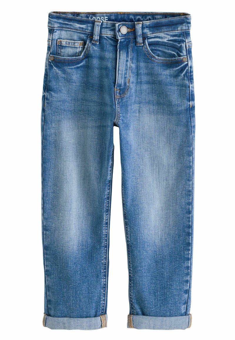 Ohlapne modre jeans hlače iz denima, z zasnovo petih žepov, zavihanimi robovi in izgubljenim pranjem s subtilnim whiskeringom vzdolž stegen.