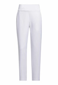 Vita ankellånga byxor i mjukt tyg; har en bred, elastisk midja och sidofickor med en jämn textur.