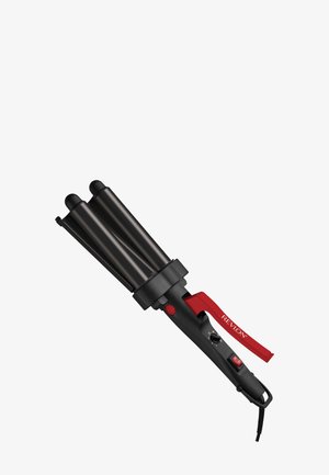 Ondulador de cabello eléctrico con triple barril en negro y rojo, con dial de temperatura y interruptor de encendido/apagado, marca Revlon.