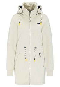 Veste zippée gris clair avec capuche, ornée de cordons noir et jaune, deux poches avant et un petit logo de parapluie sur la poitrine.