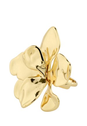 Gold-colored metal ring shaped like a five-petal flower with smooth, rounded petals and a shiny finish.
