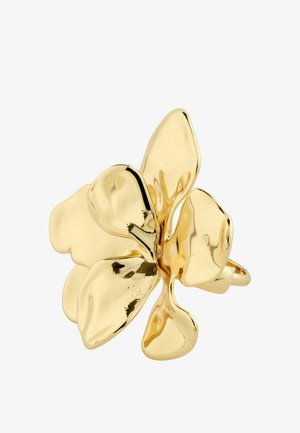 Anello in metallo color oro a forma di fiore a cinque petali con petali lisci, arrotondati e finitura lucida.