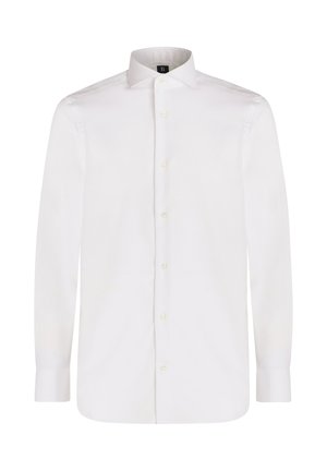Bela srajca z dolgimi rokavi iz gladkega materiala, z ovratnikom na gumbke in bisernimi gumbi, s klasičnim krojem in detajli na manšetah.