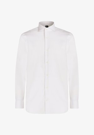 Bílá košile s dlouhými rukávy vyrobená z hladké látky, s límečkem na knoflíček a perleťovými knoflíky, s klasickým střihem a detaily na manžetách.