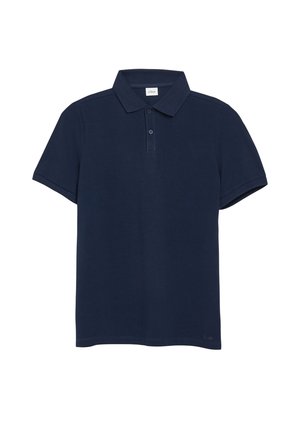 Navy blue short-sleeve polo shirt with two buttons and a collar, shown against a white background.