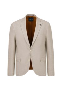 Beige Blazer aus strukturiertem Stoff, zwei vordere Taschen, Ein-Knopf-Verschluss und braune Innenauskleidung. Verfügt über ein Logo am Revers.