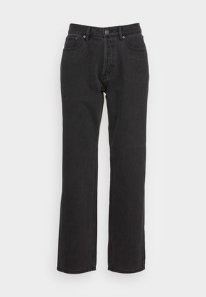 Black denim jeans with a straight leg design, featuring a front button closure, belt loops, and two side pockets. Textured fabric.