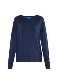 Pulover tricotat de culoare bleumarin, cu un decolteu larg de tip bateau, umeri lăsați și mâneci lungi. Prezintă un tiv dublu și o textură netedă.