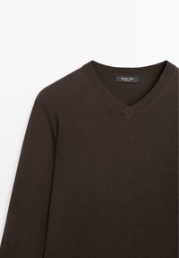 Mørkebrun V-hals bluse med lange ærmer og ribstrikket krave, med et Massimo Dutti-mærke inde i halsudskæringen.