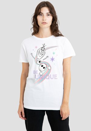 White cotton t-shirt featuring a cartoon character with a rainbow swirl and the text "BE UNIQUE" in purple. Short sleeves and a relaxed fit.