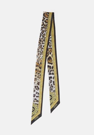 Lange smalle sjaal met luipaardprint en sierlijke gouden rand, zwarte randen en "GUESS"-logo aan de puntige uiteinden.