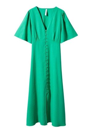 Robe midi verte avec manches courtes évasées, encolure en V et une rangée de boutons recouverts de tissu à l'avant.