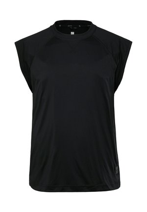 Zwart mouwloos sportshirt, gemaakt van glad synthetisch materiaal, heeft een ronde hals en afgeronde zoom, met subtiele stiksels.