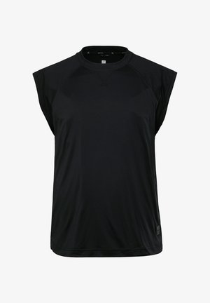 Black sleeveless athletic shirt, made of smooth synthetic material, features a crew neck and rounded hem, with subtle stitching details.