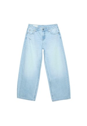 Lyseblå jeans med vide ben, høj talje, knaplukning foran, lynlås og fem-lomme-design.