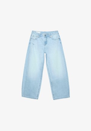 Lyseblå jeans med vide ben, høj talje, knaplukning foran, lynlås og fem-lomme-design.
