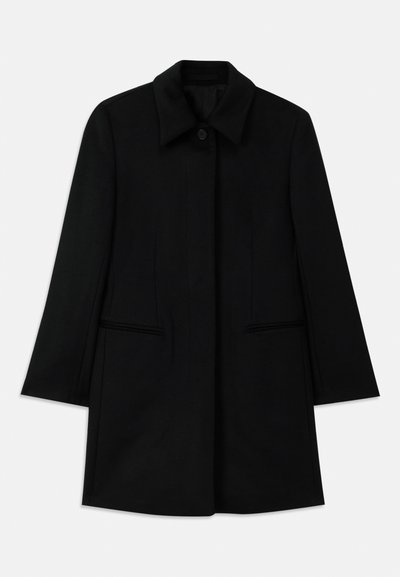 Black wool coat with a front button closure, wide collar, and two side pockets. Features a straight cut and smooth texture.