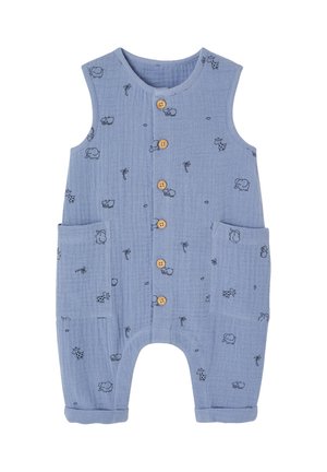 Blue sleeveless baby romper with front buttons, pockets, and small animal and palm tree prints all over the fabric.