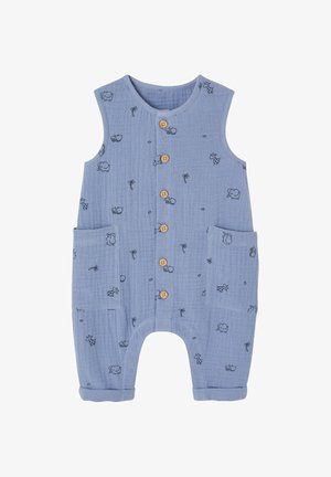 Blauer, ärmelloser Baby-Strampler mit Knöpfen vorne, Taschen und kleinen Tier- und Palmenmustern auf dem gesamten Stoff.