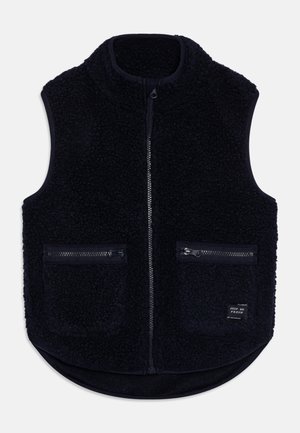 Chaleco sin mangas de forro polar negro con cremallera frontal y dos bolsillos horizontales con cremallera, hecho de material texturizado y cálido.