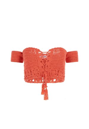 Gehaakt crop top in fel koraal. Heeft off-shoulder mouwen, een vetersluiting aan de voorkant en franjes aan de onderrand. Gegarandeerd met textuur en bloemmotieven.