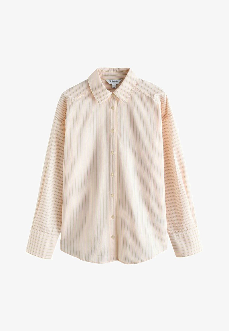 Chemise beige à manches longues avec boutons, rayures verticales fines pastel et col pointu, présentée à plat sur un fond blanc.