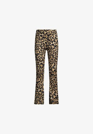 Beige und schwarze Schlaghosen mit Leopardenmuster, aus einem dehnbaren Stoff und mit hohem Taillendesign. Strukturiertes Muster über die gesamte Fläche.