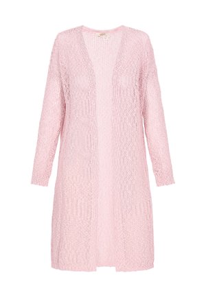 Hellrosa gestrickte Strickjacke mit offenem Vorderteil, langen Ärmeln und einem strukturierten Muster im gesamten Stoff.