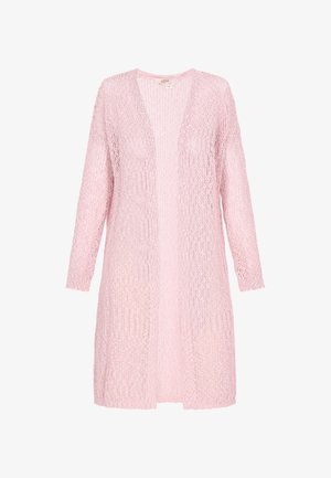 Heledane roosa koobitud kardigan, millel on avatud esikülg, pikad varrukad ja tekstureeritud muster läbi kogu aine.