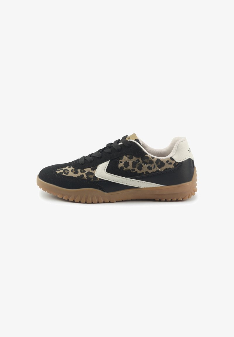 Tenisi negri și bej cu panouri cu imprimeu de leopard, material din suede texturat și plasă, tălpi amortizate și o talpă din cauciuc pentru aderență.