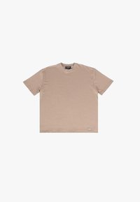 Beige bomulds t-shirt med korte ærmer, rund hals og et lille mærke nederst til højre. Glat tekstur og afslappet pasform.