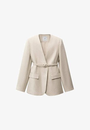 Beige linen blazer with long sleeves, wrap design, single button closure, and two front pockets. Smooth texture and minimalist style.