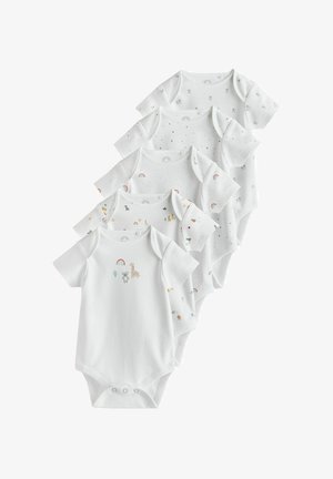 Cinq bodies blancs pour bébé à manches courtes avec des pressions, avec de petits arcs-en-ciel et des imprimés d’animaux dans des couleurs pastel douces.